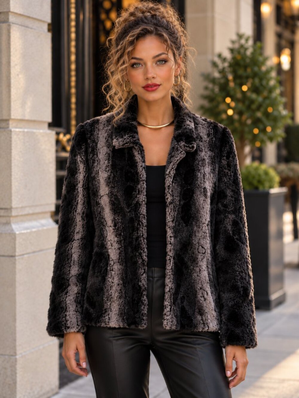 BETSEY JOHNSON Faux Fur Jacket L Super Soft Teddy Black Gray Animal Fuzzy Soft